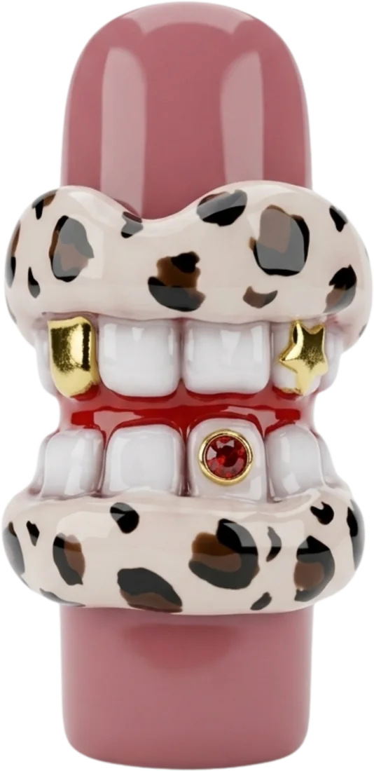 Unha com boca 3D de dentes e estampa de oncinha