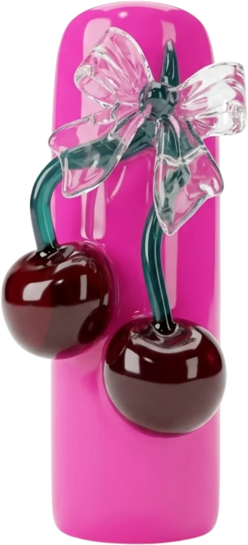 Unha rosa com laço de vidro e cerejas 3D